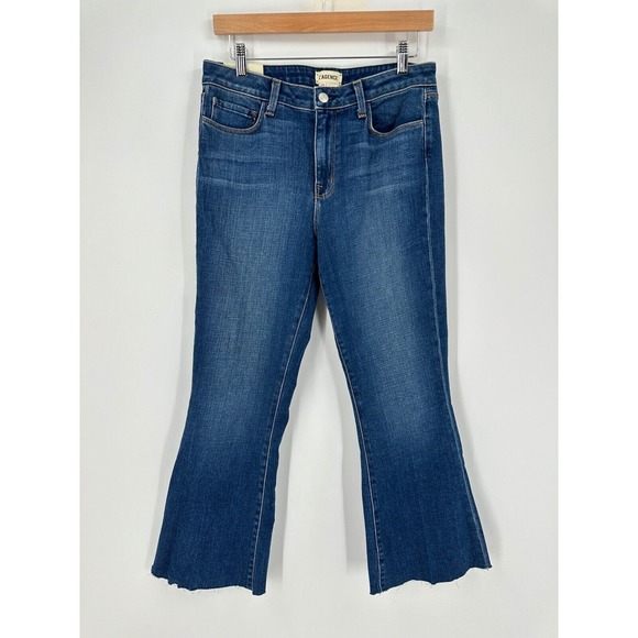 L'Agence Denim Sophia Crop Flare HR 29‎ New Jeans Raw Hem Dark Wash Stretch - Picture 1 of 13